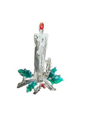 Vintage Silver Candle Brooch with Green Holly and Red Flame Accents